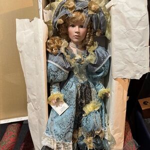 Heirloom Doll, Elegant Blue and Yellow Porcelain Doll